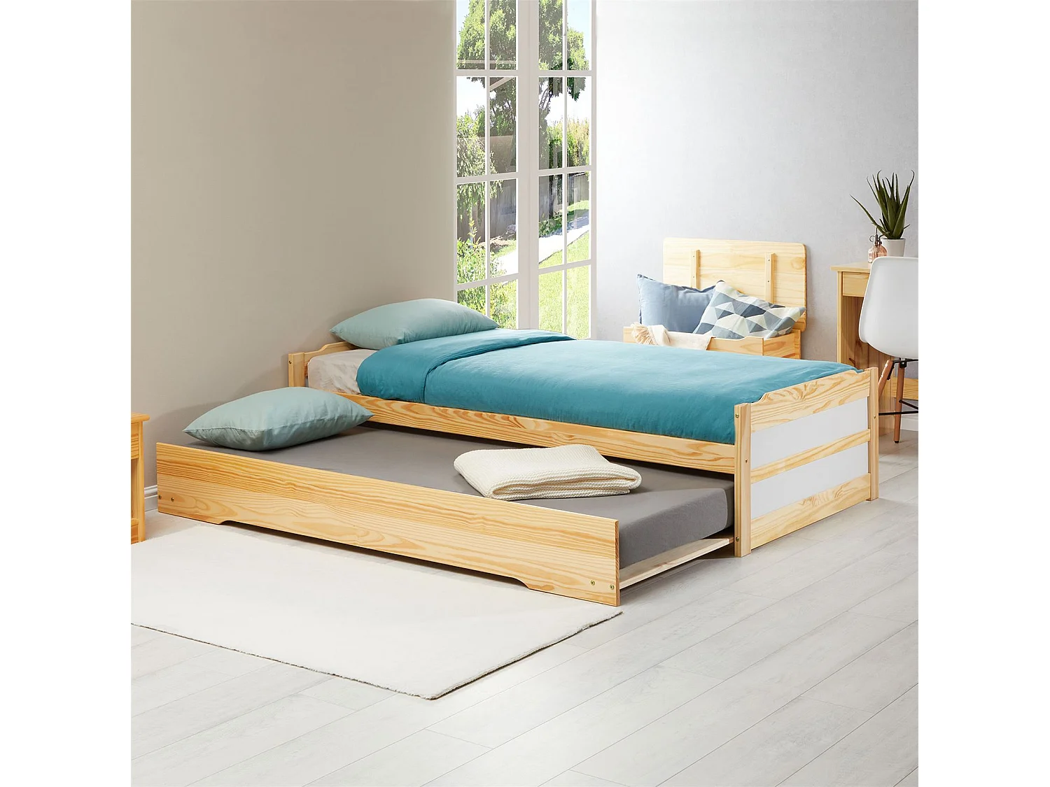 Lit gigogne LORENA 1 personne tiroir lit fonctionnel 90 x 190 cm pin massif recouvert d'un vernis naturel et blanc