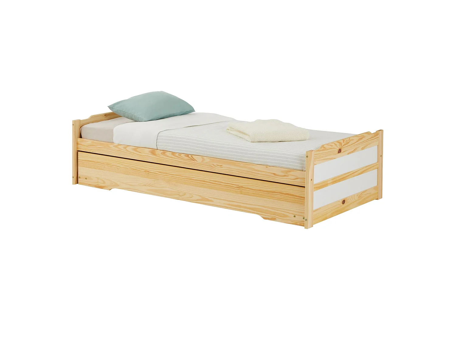 Lit gigogne LORENA 1 personne tiroir lit fonctionnel 90 x 190 cm pin massif recouvert d'un vernis naturel et blanc