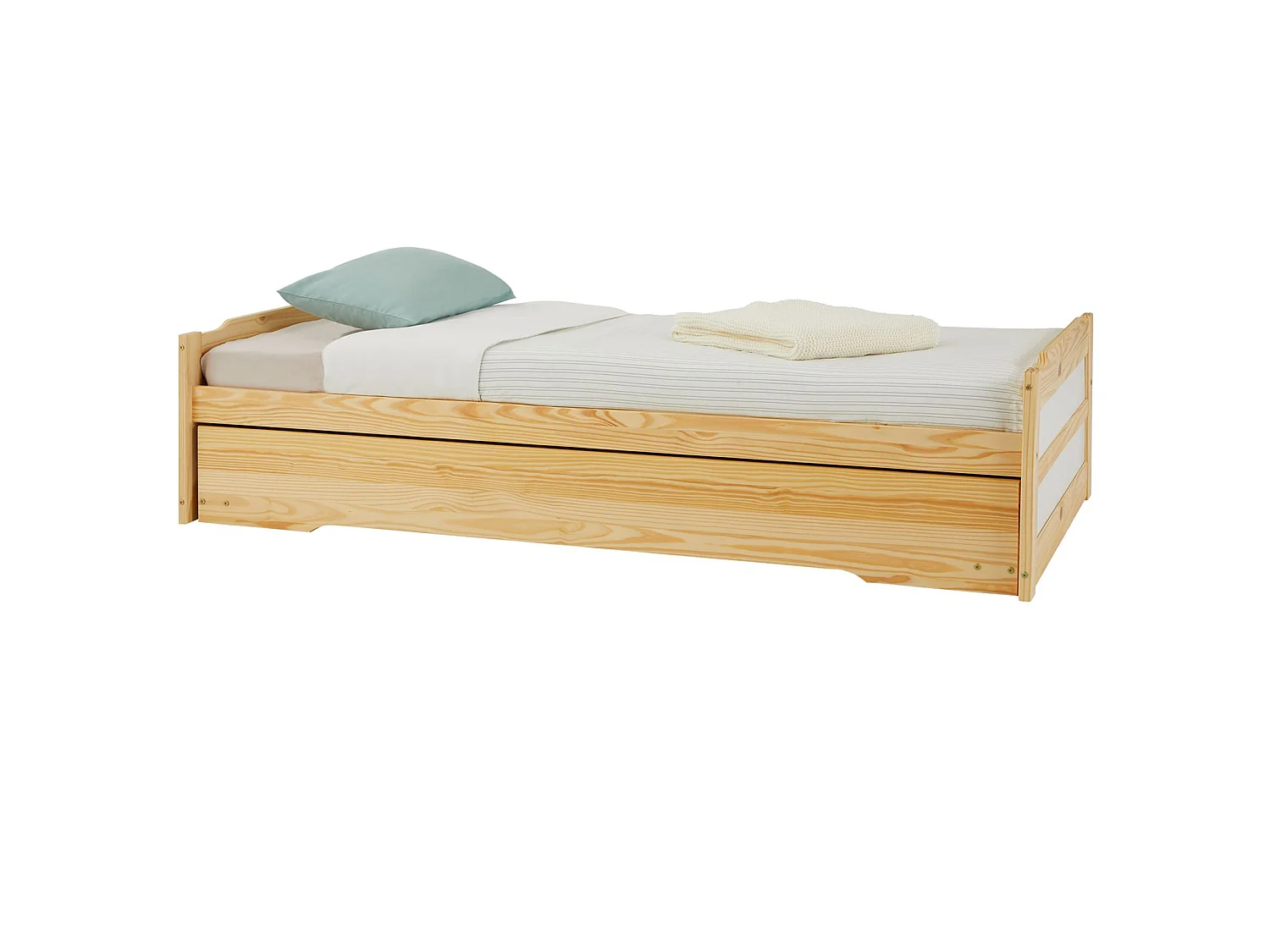 Lit gigogne LORENA 1 personne tiroir lit fonctionnel 90 x 190 cm pin massif recouvert d'un vernis naturel et blanc