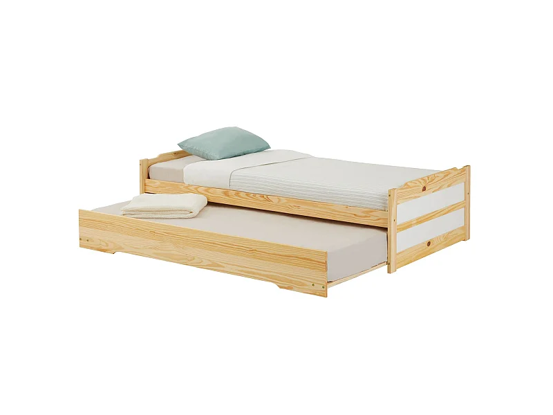 Lit gigogne LORENA 1 personne tiroir lit fonctionnel 90 x 190 cm pin massif recouvert d'un vernis naturel et blanc