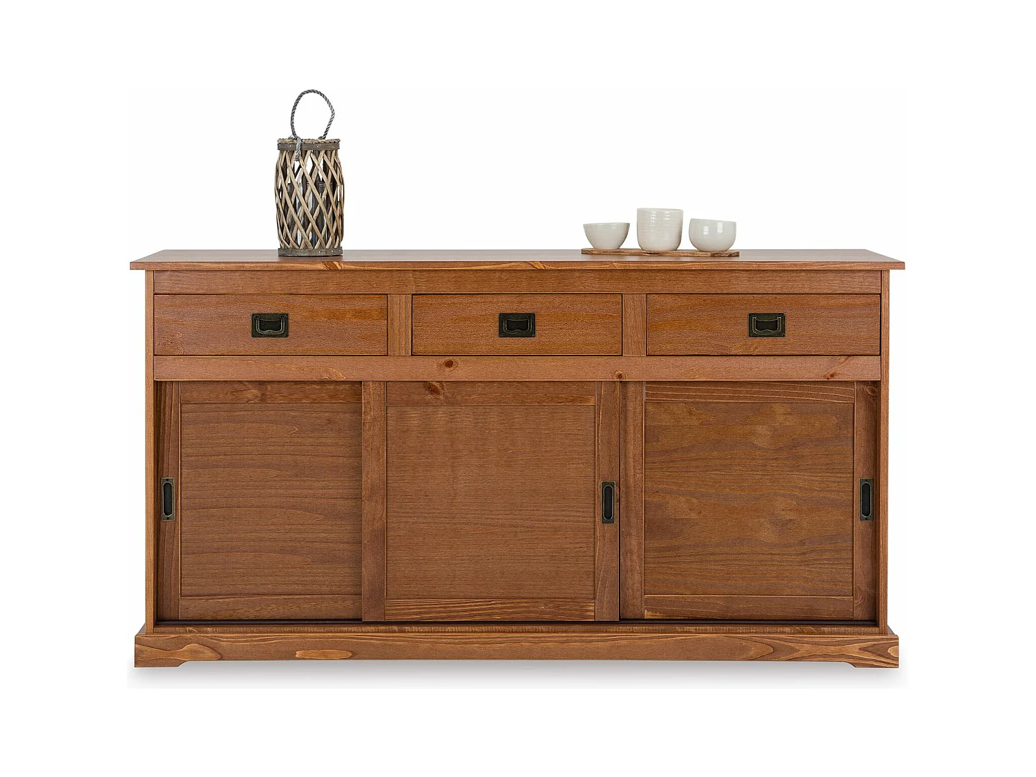 Buffet SAVONA bahut vaisselier commode avec 3 tiroirs et 3 portes coulissantes, en pin massif lasuré brun foncé