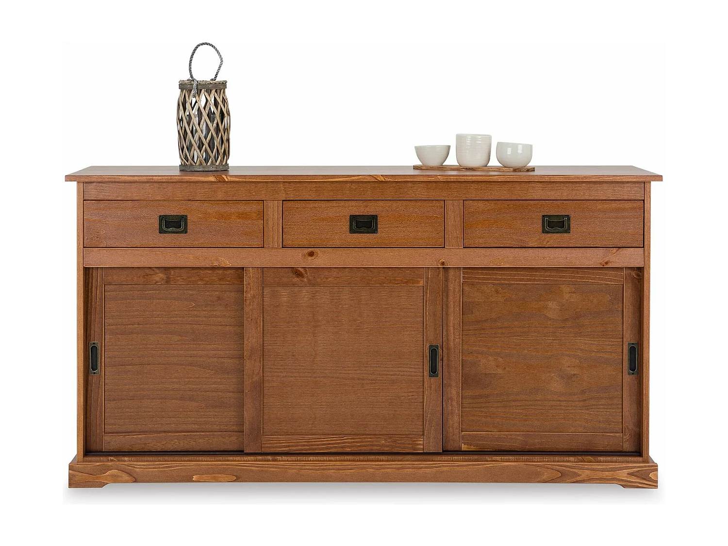 Buffet SAVONA bahut vaisselier commode avec 3 tiroirs et 3 portes coulissantes, en pin massif lasuré brun foncé