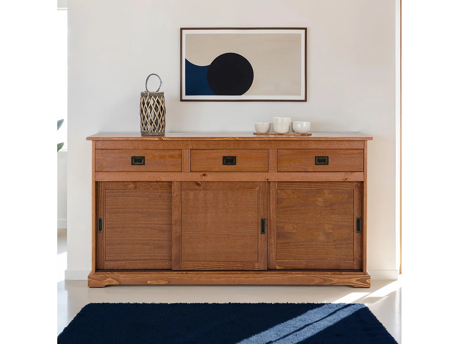 Buffet SAVONA bahut vaisselier commode avec 3 tiroirs et 3 portes coulissantes, en pin massif lasuré brun foncé