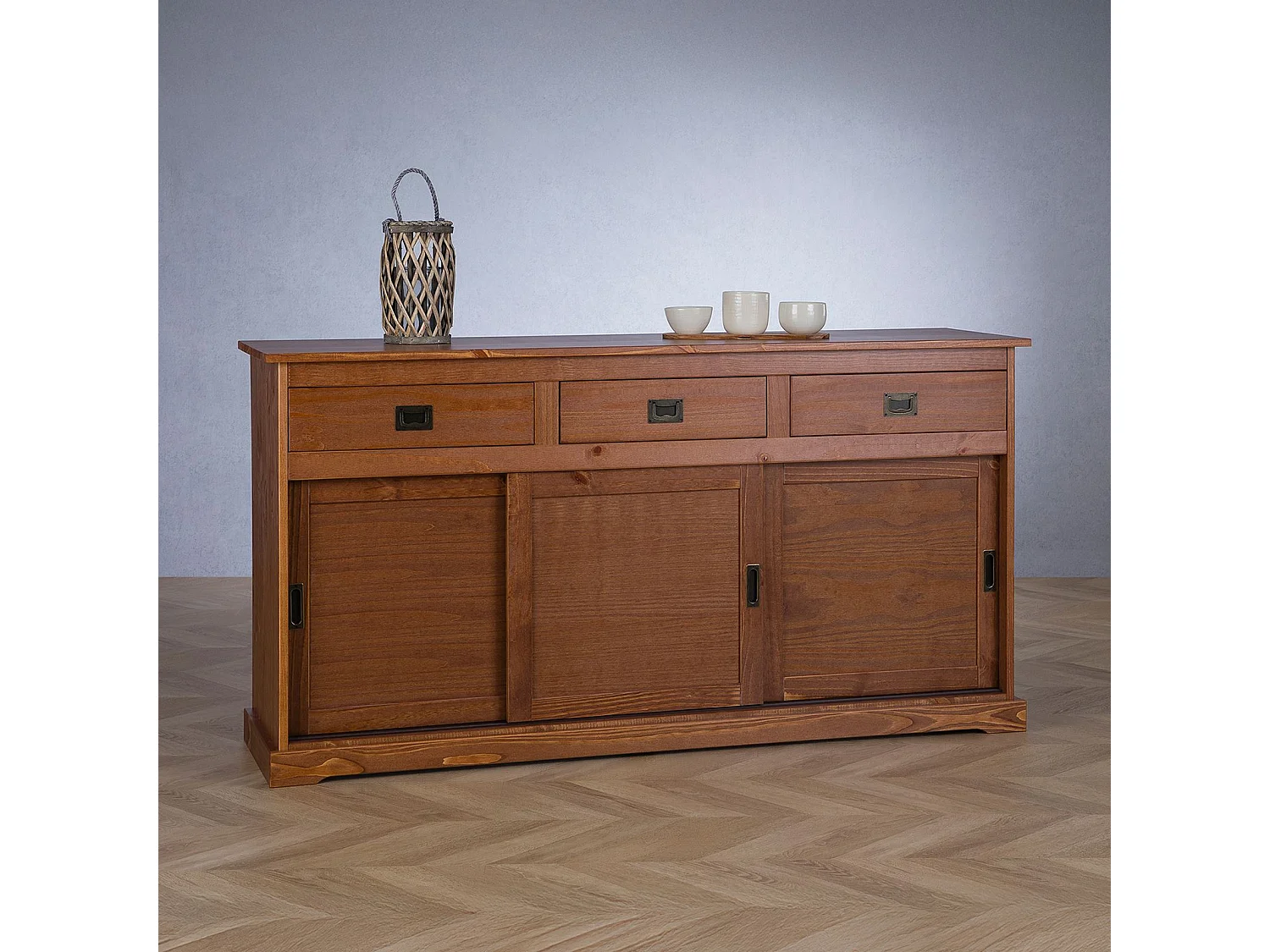 Buffet SAVONA bahut vaisselier commode avec 3 tiroirs et 3 portes coulissantes, en pin massif lasuré brun foncé