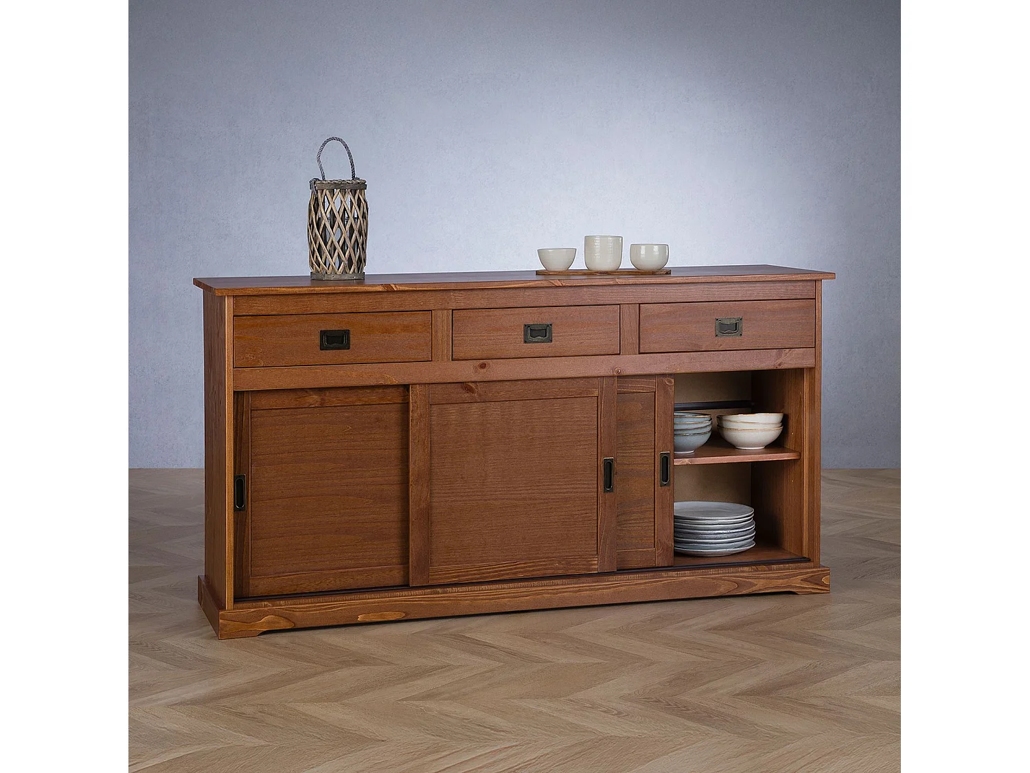 Buffet SAVONA bahut vaisselier commode avec 3 tiroirs et 3 portes coulissantes, en pin massif lasuré brun foncé