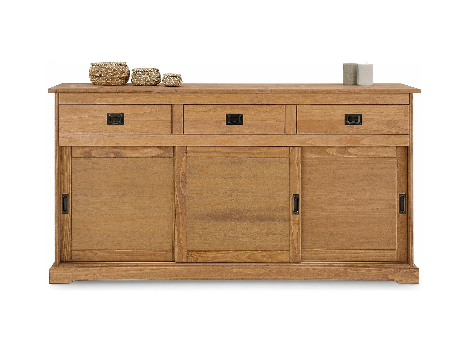 Buffet SAVONA bahut vaisselier commode avec 3 tiroirs et 3 portes coulissantes, en pin massif lasuré brun