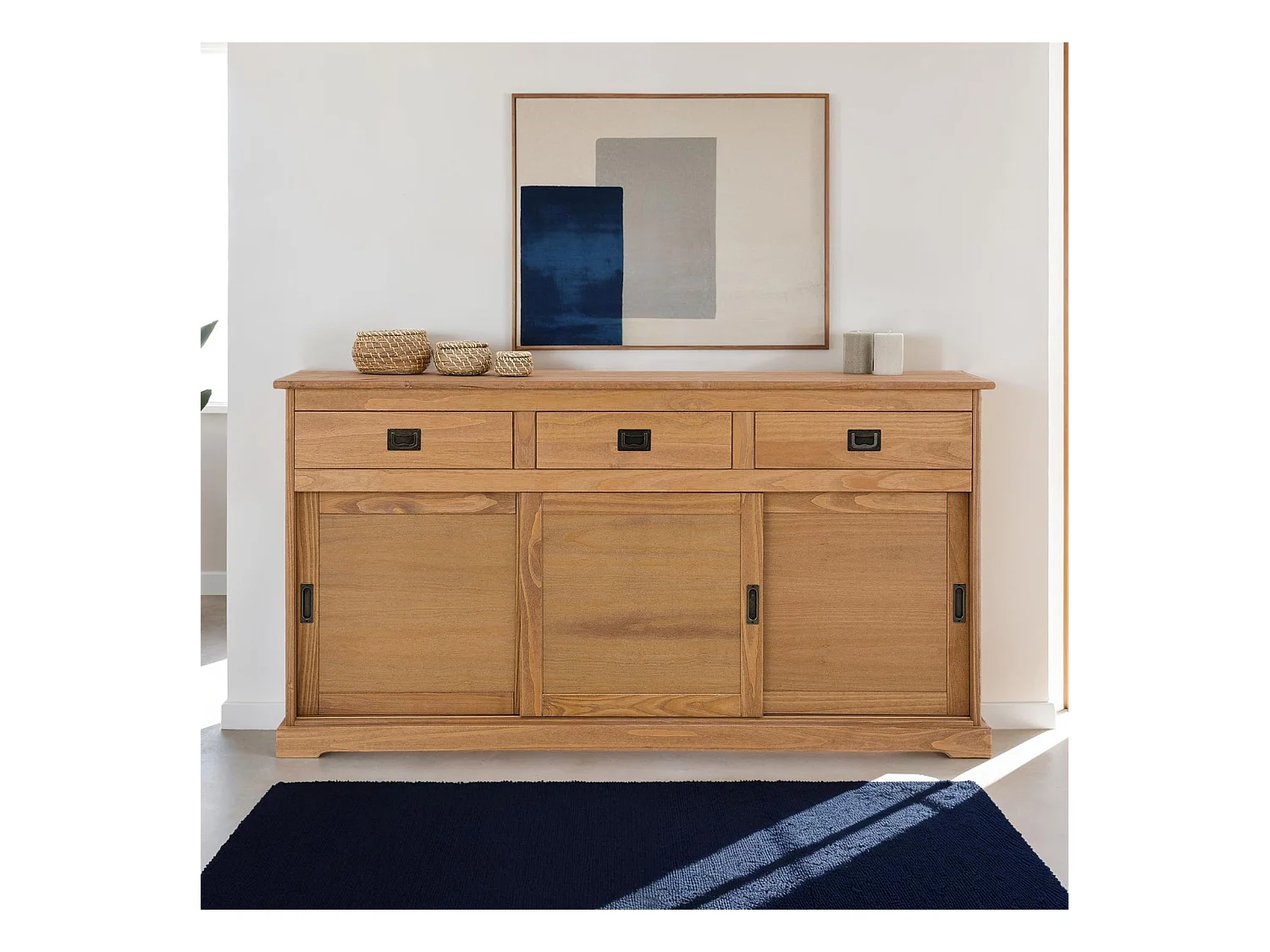 Buffet SAVONA bahut vaisselier commode avec 3 tiroirs et 3 portes coulissantes, en pin massif lasuré brun