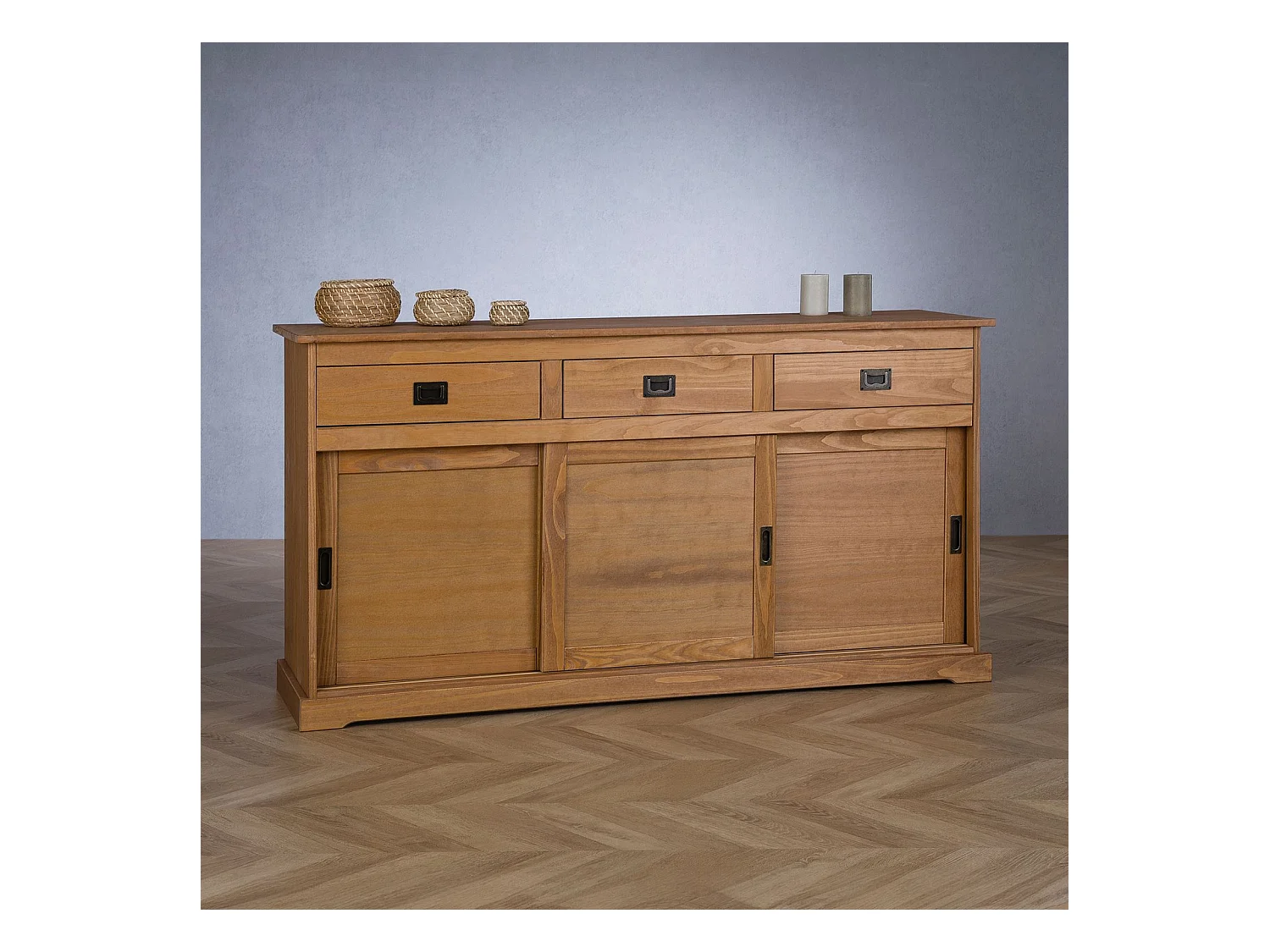 Buffet SAVONA bahut vaisselier commode avec 3 tiroirs et 3 portes coulissantes, en pin massif lasuré brun