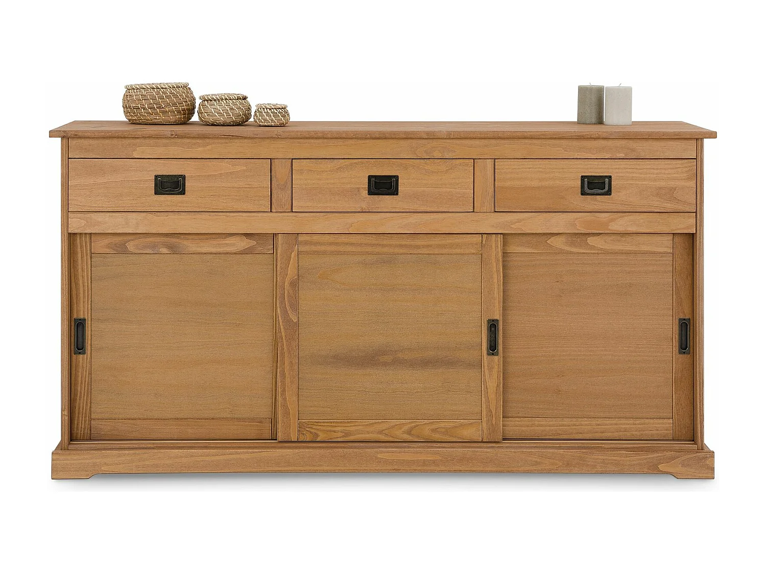 Buffet SAVONA bahut vaisselier commode avec 3 tiroirs et 3 portes coulissantes, en pin massif lasuré brun