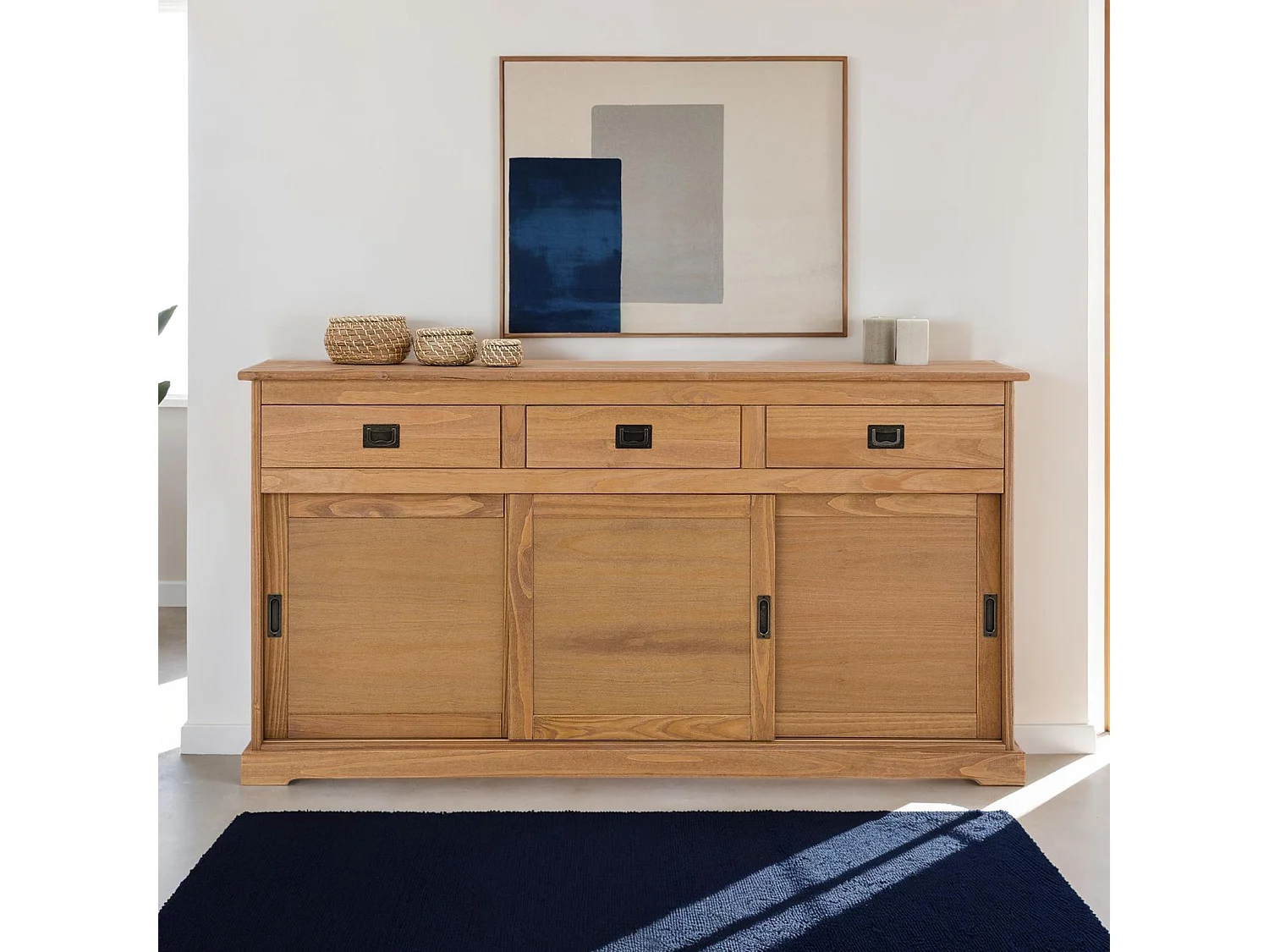 Buffet SAVONA bahut vaisselier commode avec 3 tiroirs et 3 portes coulissantes, en pin massif lasuré brun