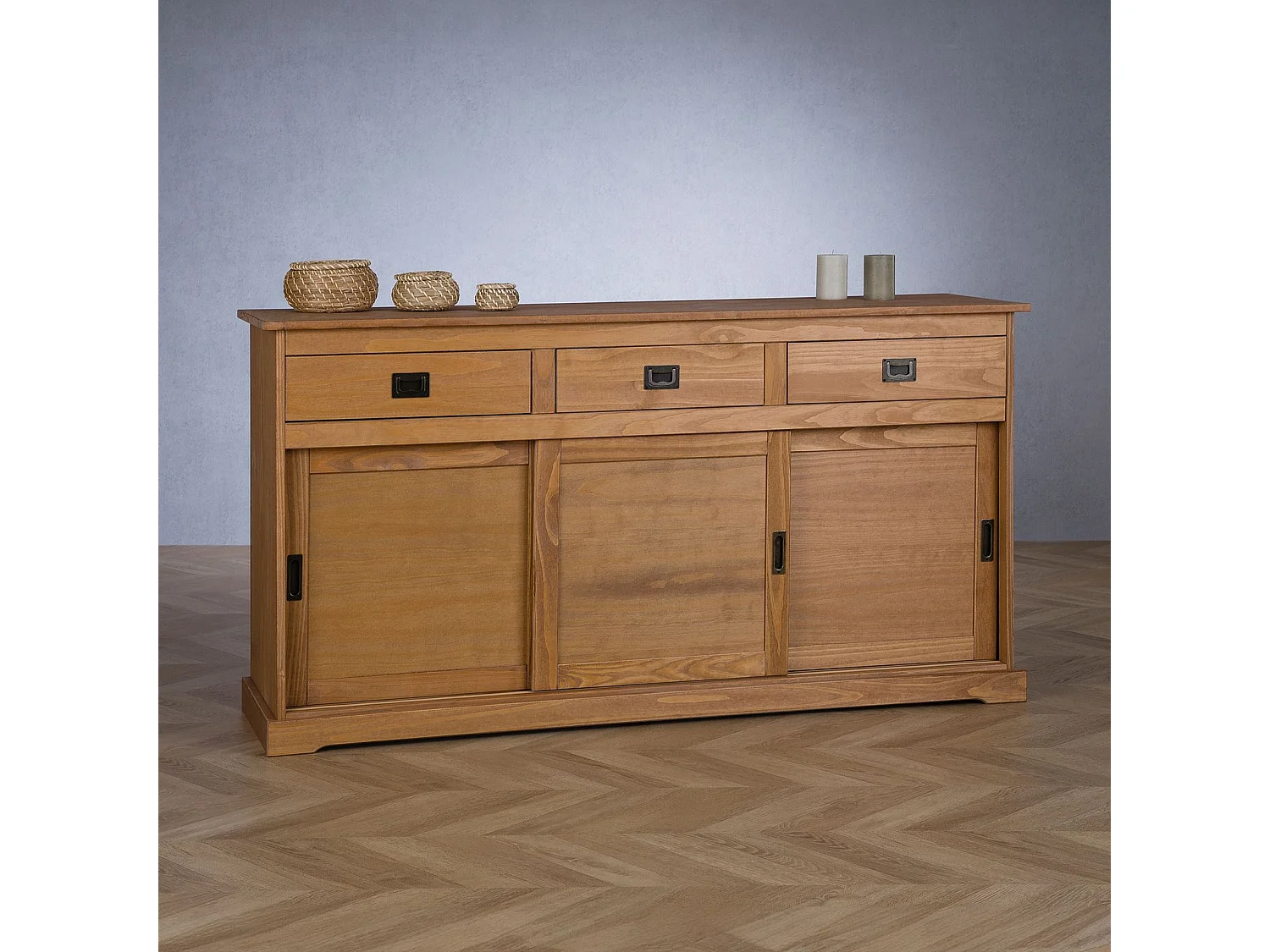 Buffet SAVONA bahut vaisselier commode avec 3 tiroirs et 3 portes coulissantes, en pin massif lasuré brun