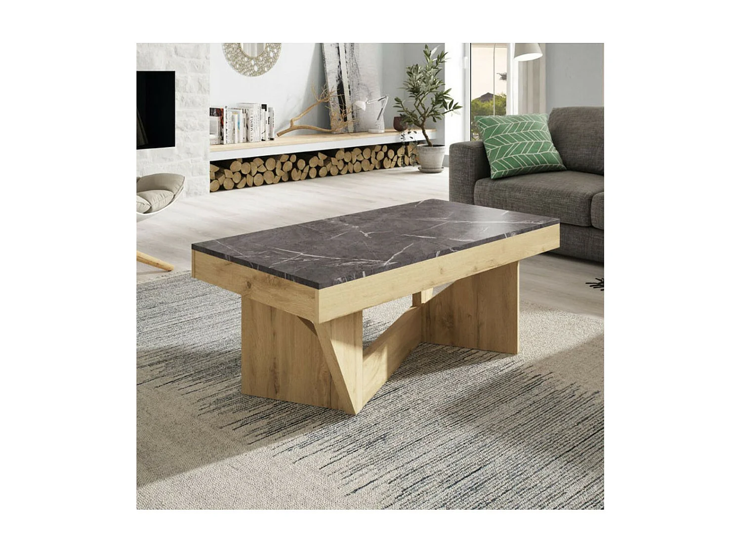 Table basse relevable Chêne blond/Marbre gris - POPLO