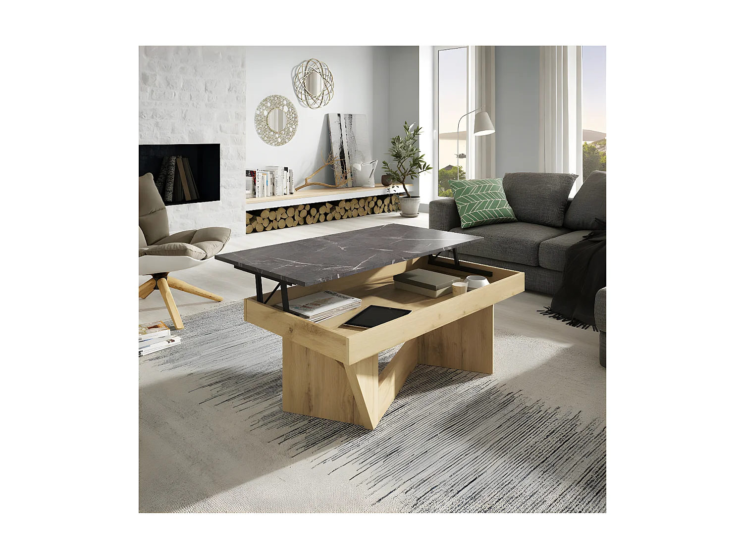 Table basse relevable Chêne blond/Marbre gris - POPLO