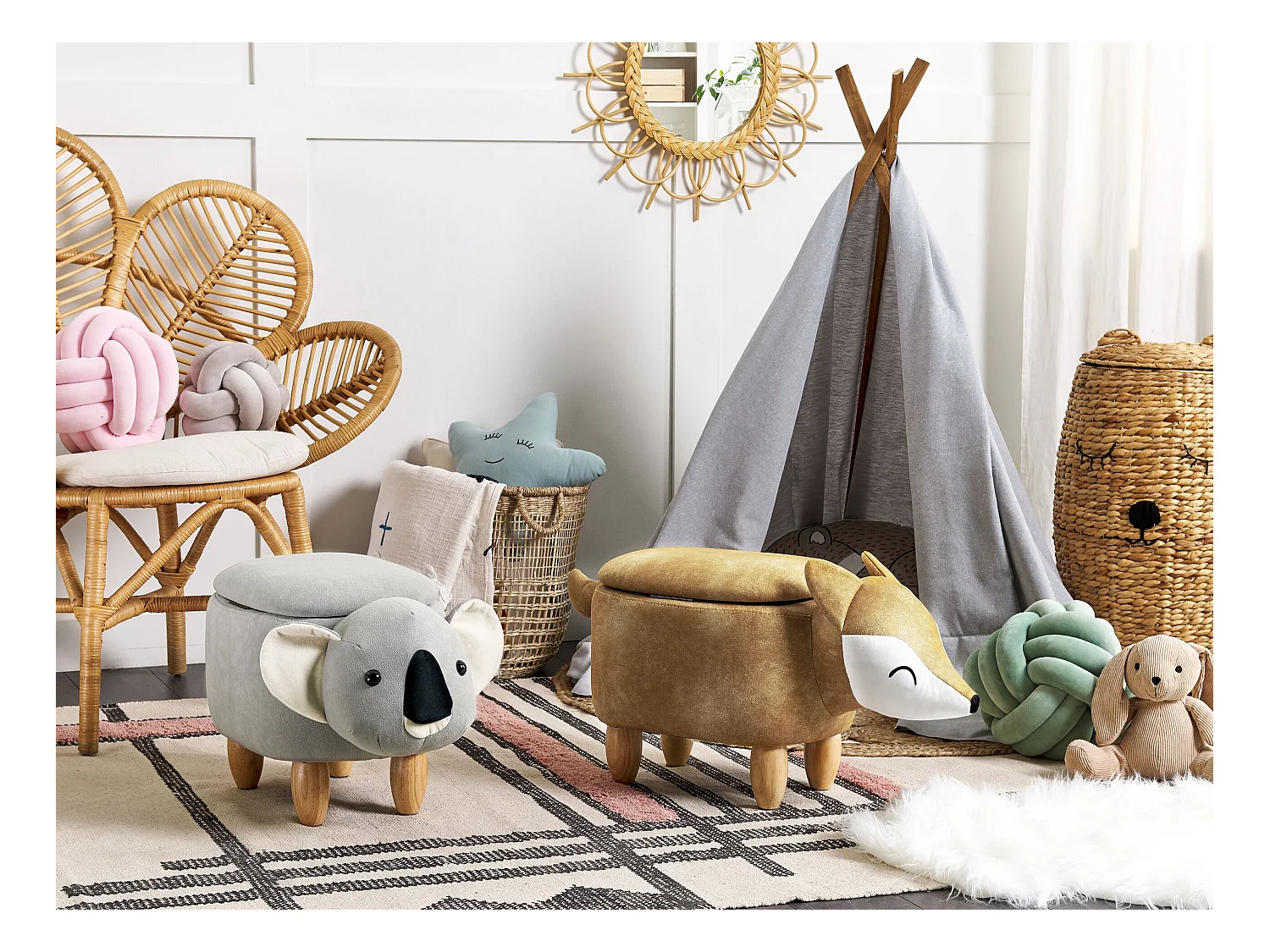 Hocker mit Stauraum für Kinder Tierform Samt orange Holzbeine Modern Fox