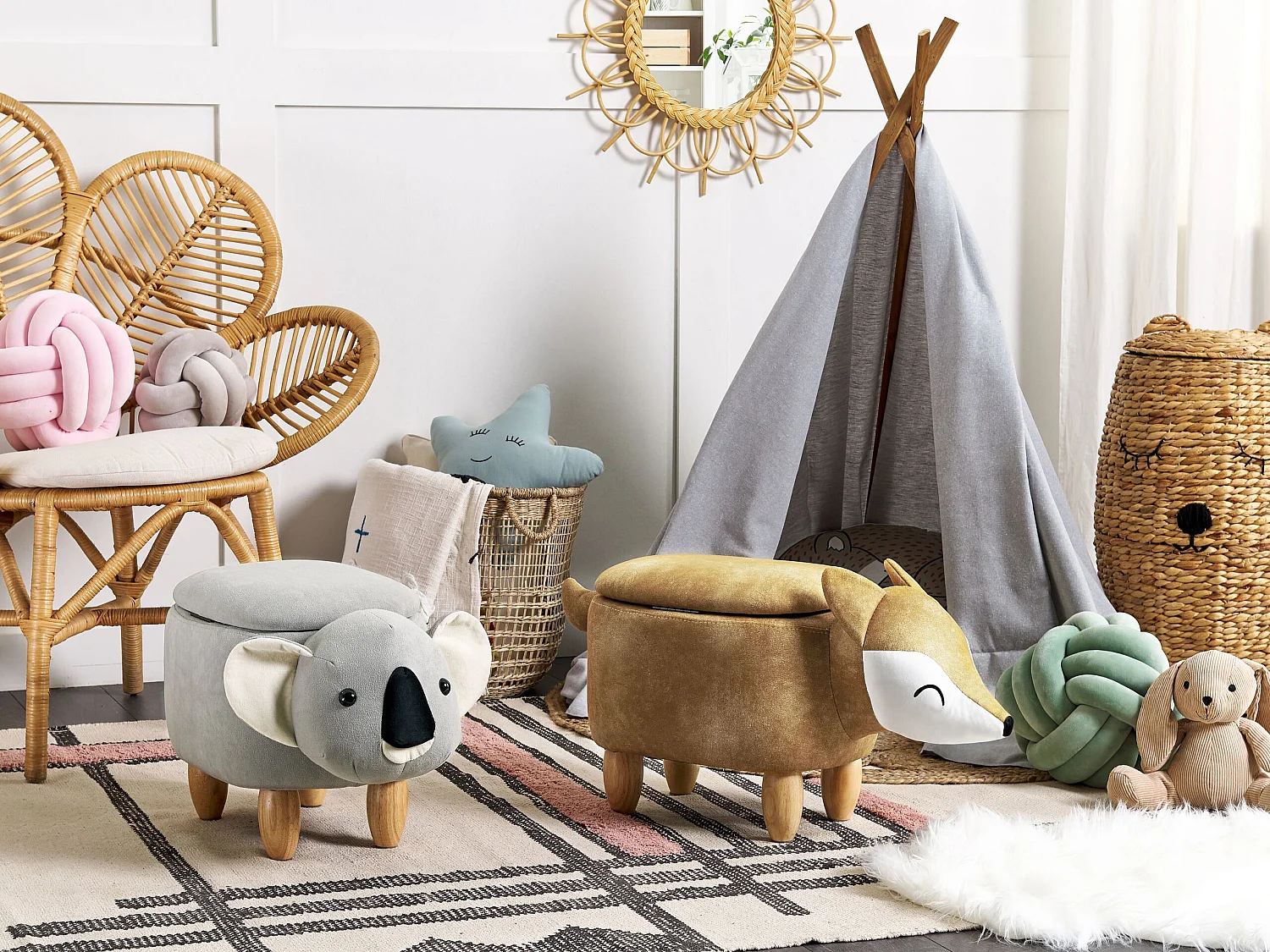 Tabouret de rangement animal FOX Velours Orange