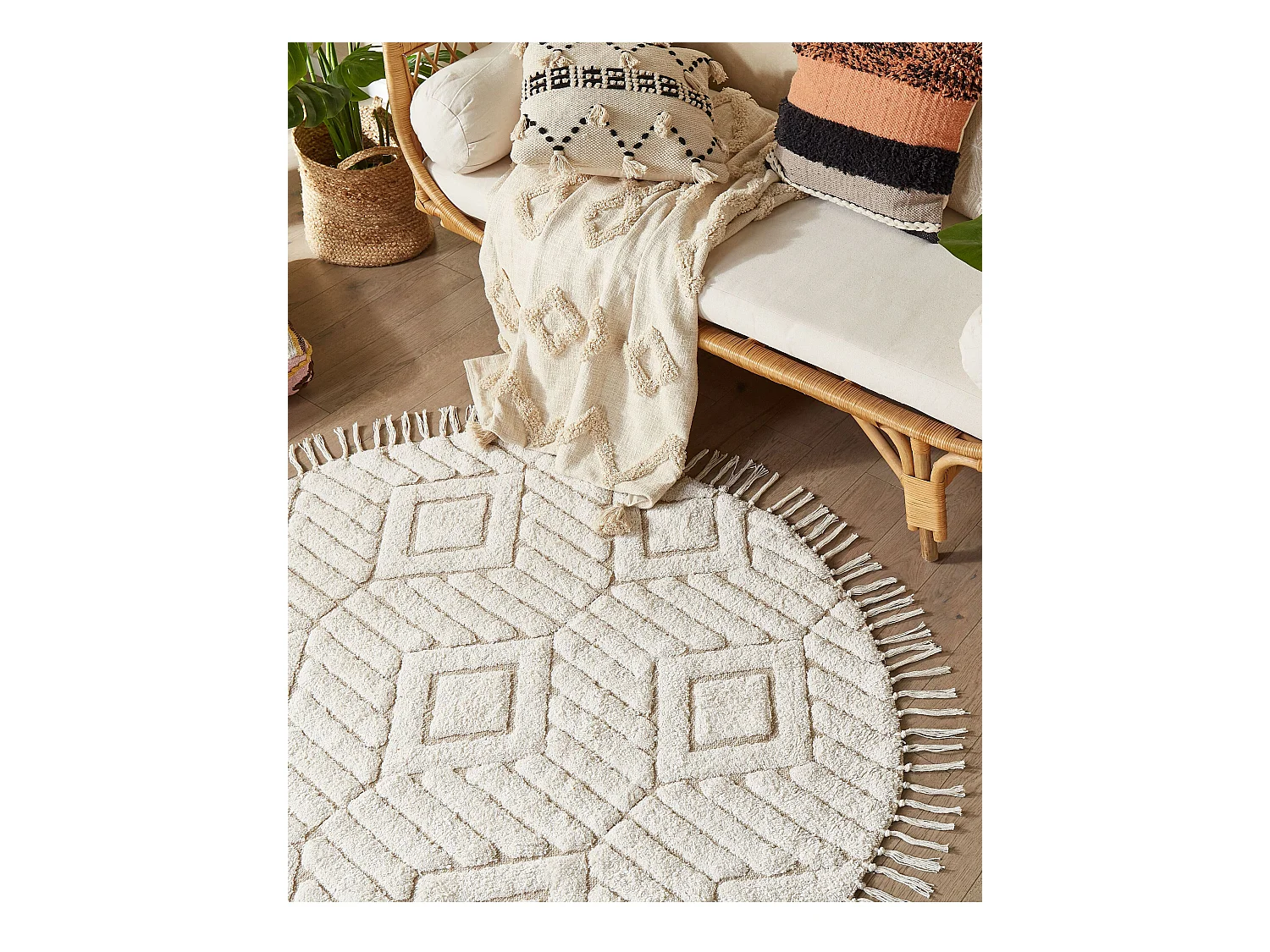 Teppich Baumwolle hellbeige ⌀ 140 cm Fransen HORASAN