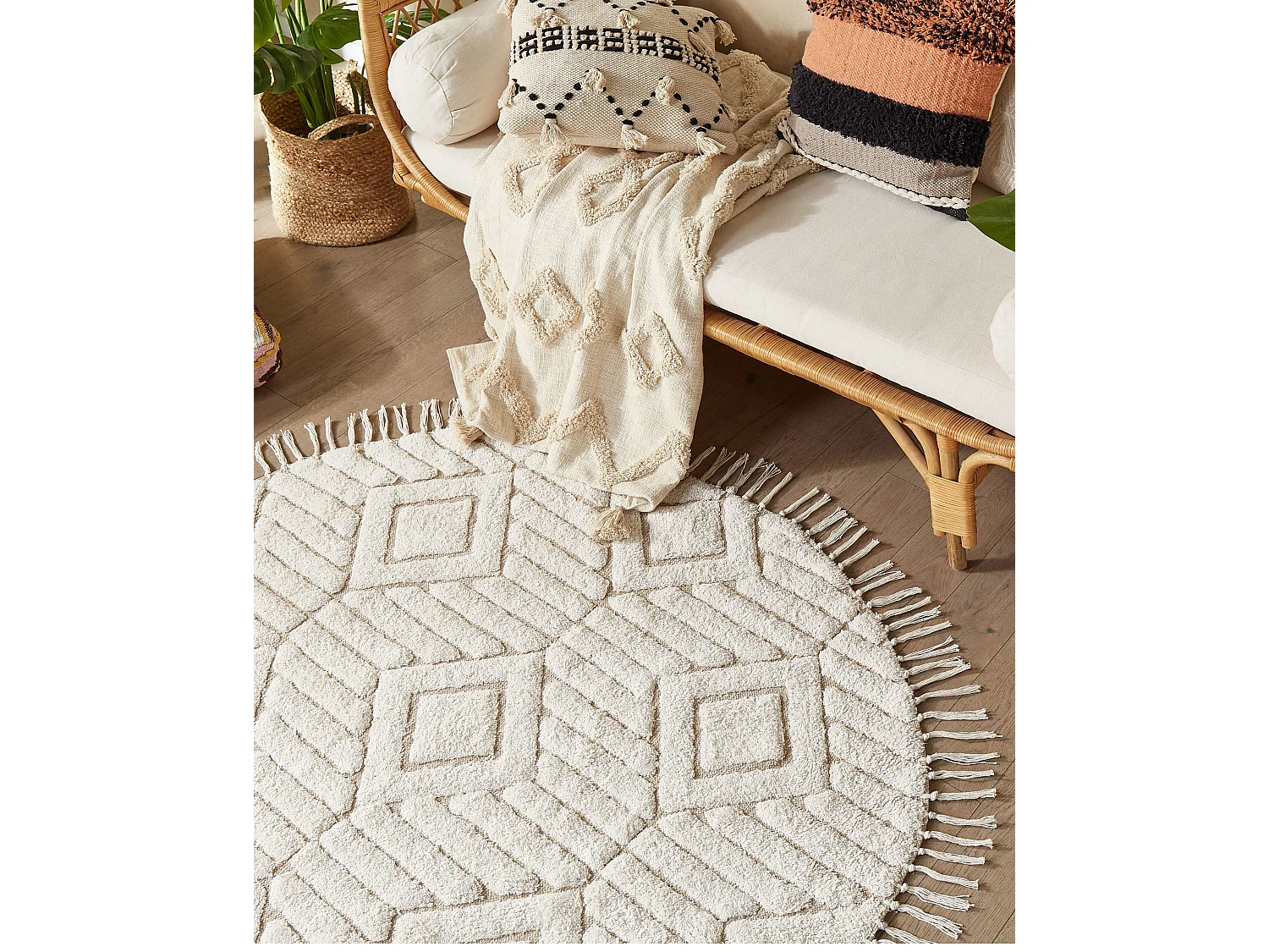 Teppich Baumwolle hellbeige ⌀ 140 cm Fransen HORASAN