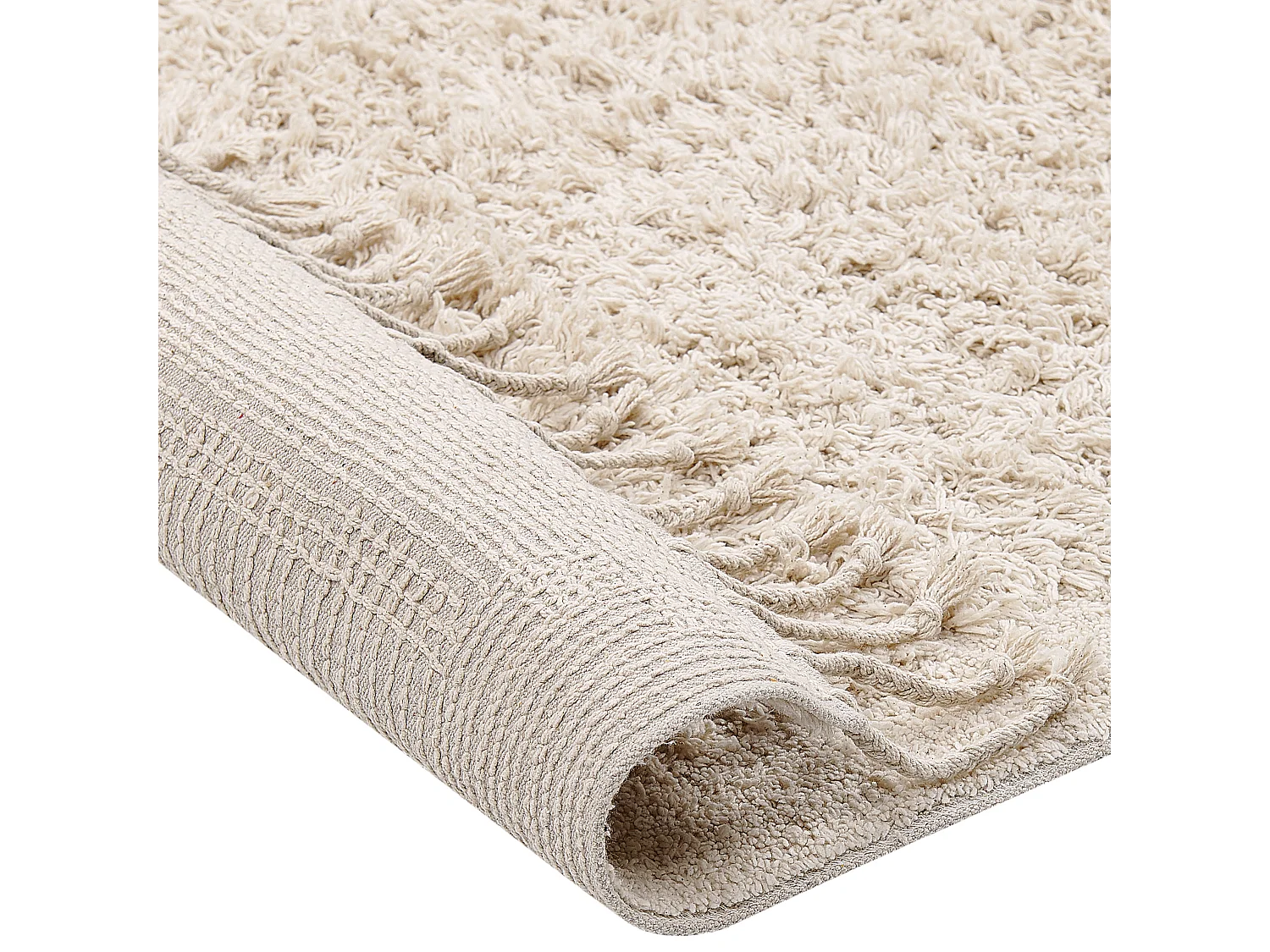 Teppich Baumwolle helles Beige 80x150 cm mit Fransen Hochflor Shaggy Boho Bitlis