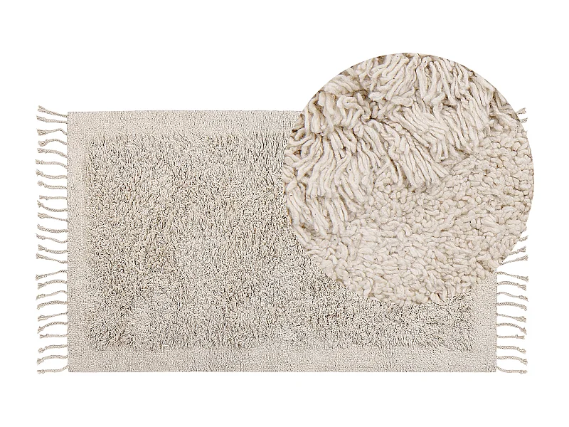Teppich Baumwolle helles Beige 80x150 cm mit Fransen Hochflor Shaggy Boho Bitlis