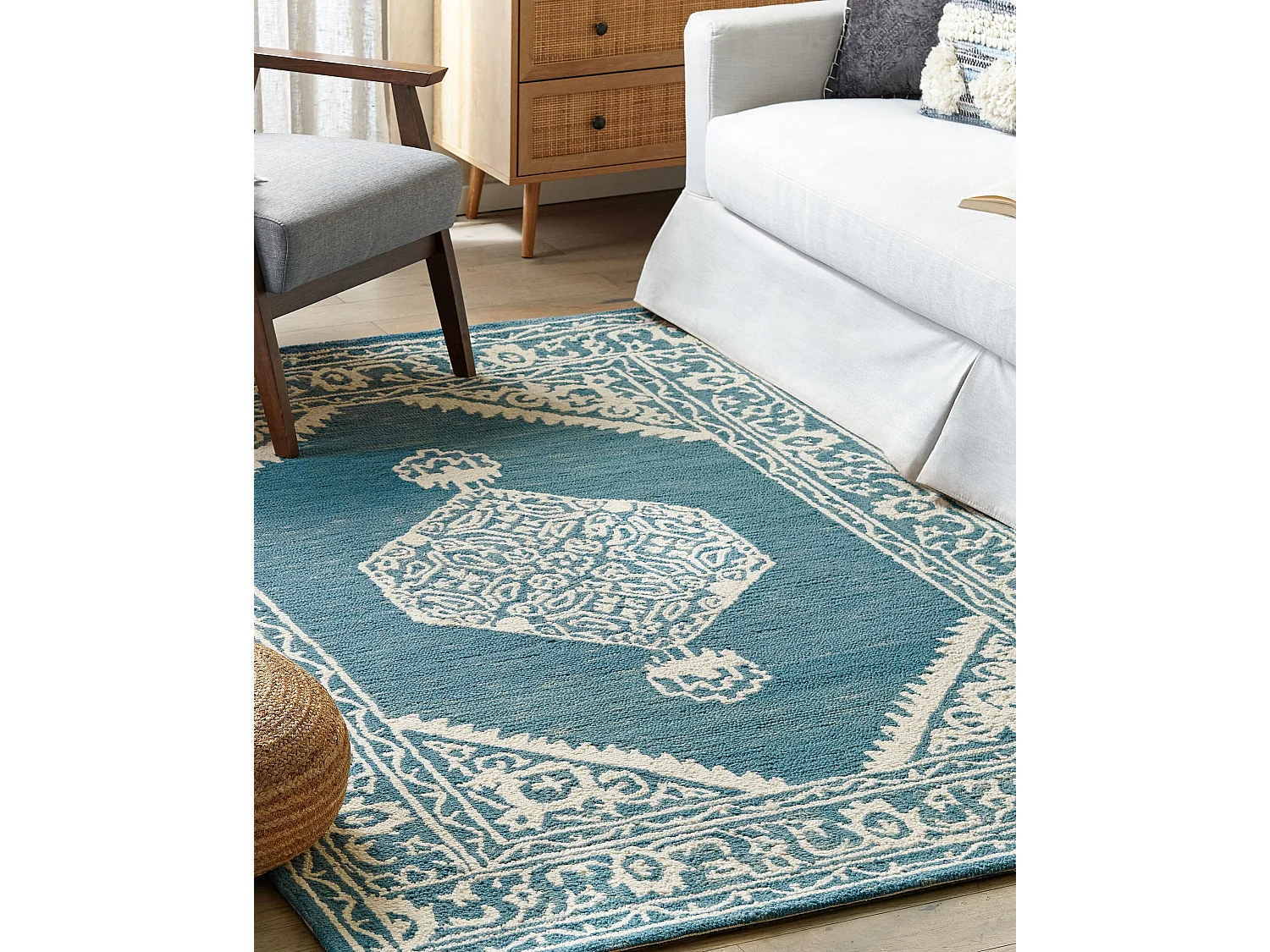 Teppich Wolle weiss / blau 140 x 200 cm GEVAS