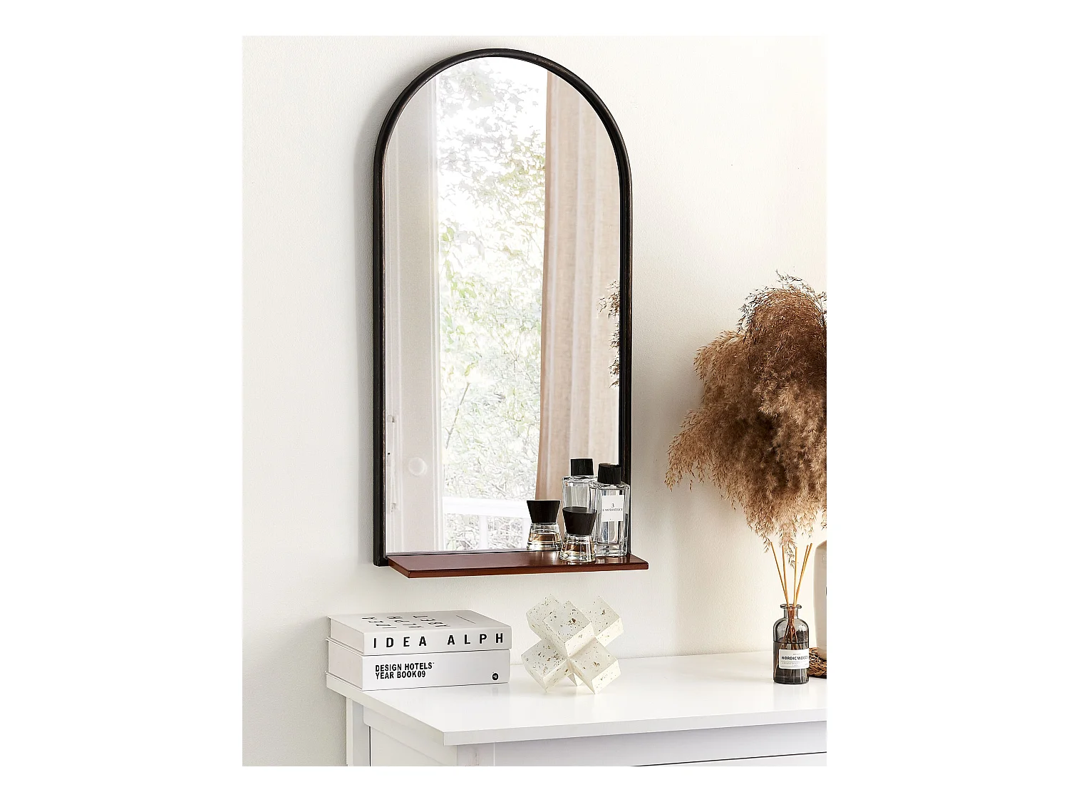 Deko-Wandspiegel silber halbrund 40x67 cm mit Rahmen schwarz Ablage kupfer Domme