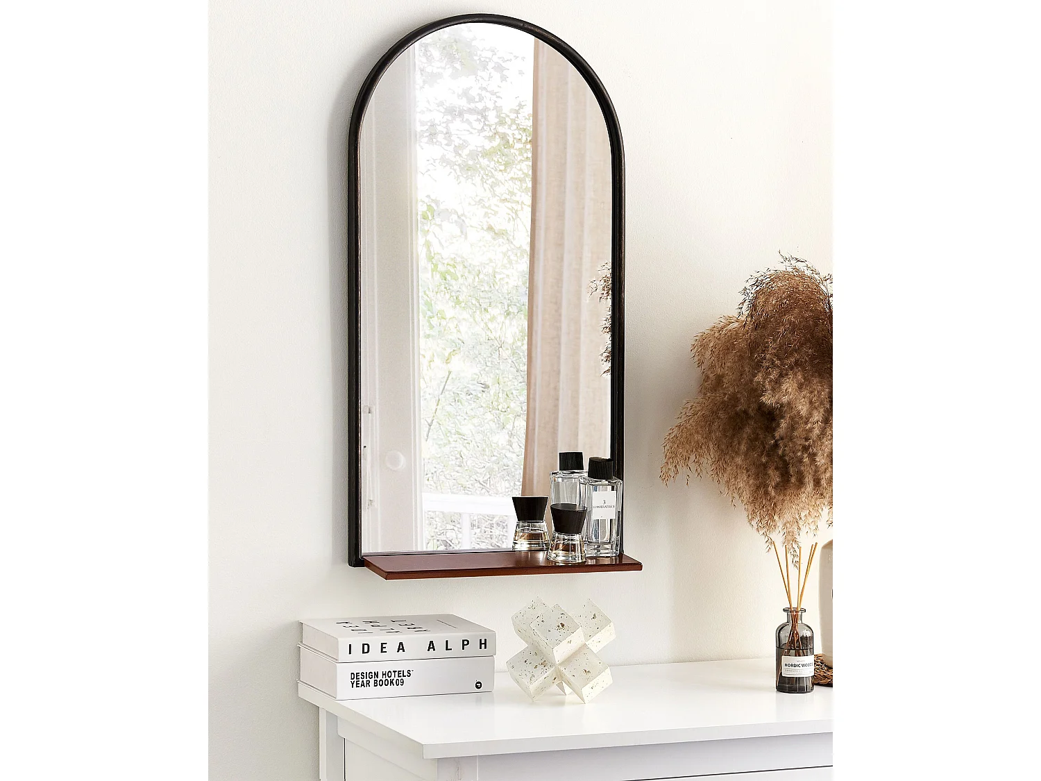 Deko-Wandspiegel silber halbrund 40x67 cm mit Rahmen schwarz Ablage kupfer Domme