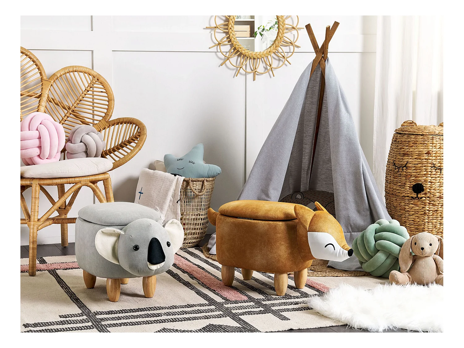 Tabouret de rangement animal COALA Velours Gris clair