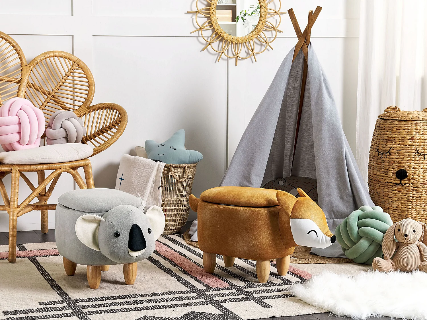 Tabouret de rangement animal COALA Velours Gris clair Koala