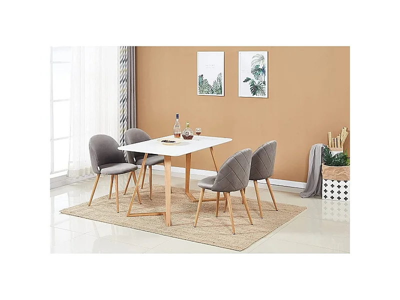 LUCIA DALLAS - Table à Manger Rectangulaire Blanche + 4 Chaises en Velours Grises - Style Scandinave