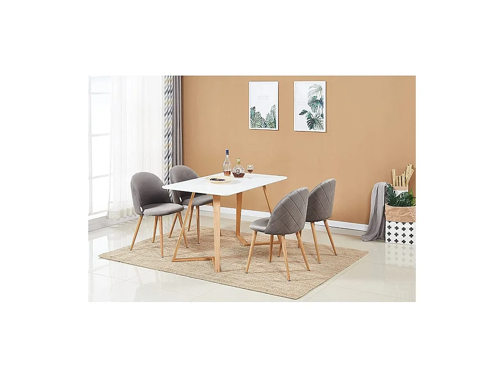 LUCIA DALLAS - Table à Manger Rectangulaire Blanche + 4 Chaises en Velours Grises - Style Scandinave