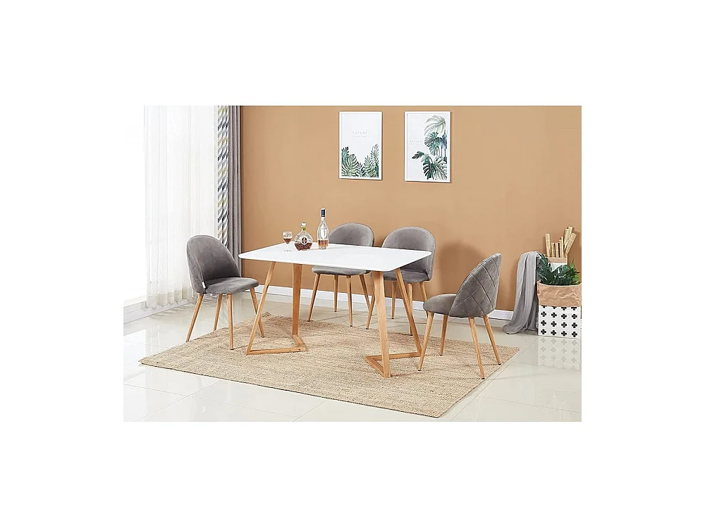 LUCIA DALLAS - Table à Manger Rectangulaire Blanche + 4 Chaises en Velours Grises - Style Scandinave