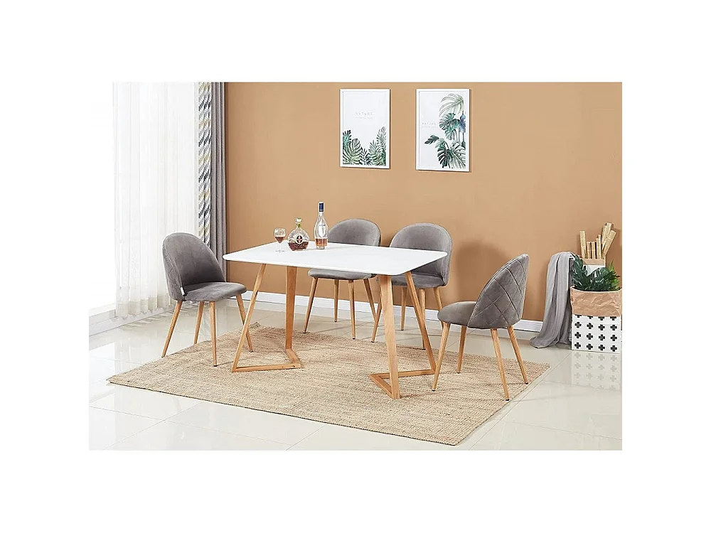 LUCIA DALLAS - Table à Manger Rectangulaire Blanche + 4 Chaises en Velours Grises - Style Scandinave