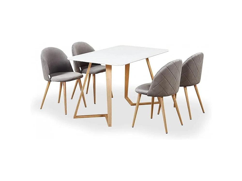 LUCIA DALLAS - Table à Manger Rectangulaire Blanche + 4 Chaises en Velours Grises - Style Scandinave