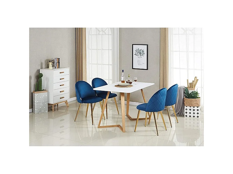 LUCIA DALLAS - Table à Manger Rectangulaire Blanche + 4 Chaises en Velours Bleues - Style Scandinave