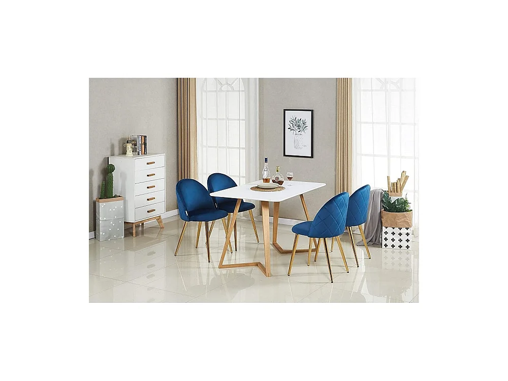 LUCIA DALLAS - Table à Manger Rectangulaire Blanche + 4 Chaises en Velours Bleues - Style Scandinave