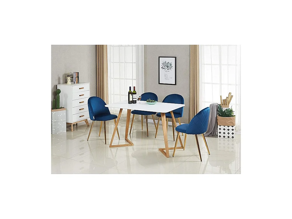 LUCIA DALLAS - Table à Manger Rectangulaire Blanche + 4 Chaises en Velours Bleues - Style Scandinave