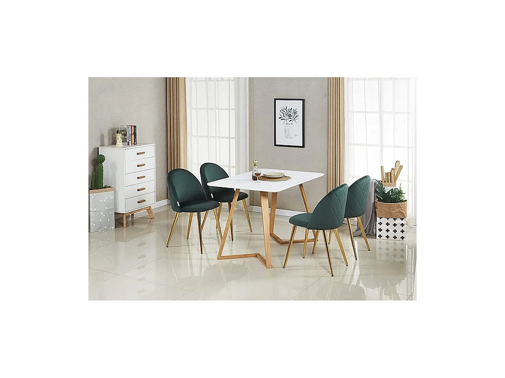 LUCIA DALLAS - Table à Manger Rectangulaire Blanche + 4 Chaises en Velours Vertes - Style Scandinave