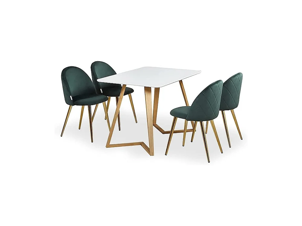 LUCIA DALLAS - Table à Manger Rectangulaire Blanche + 4 Chaises en Velours Vertes - Style Scandinave