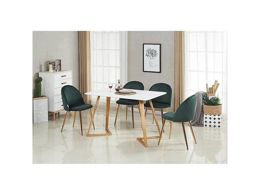 LUCIA DALLAS - Table à Manger Rectangulaire Blanche + 4 Chaises en Velours Vertes - Style Scandinave
