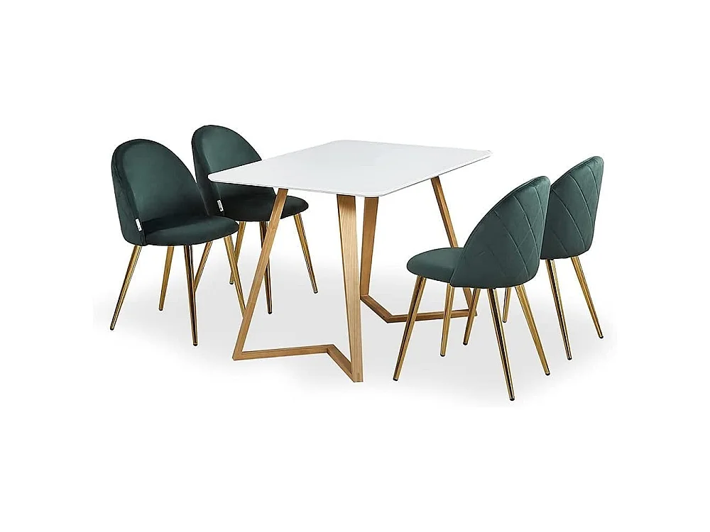 LUCIA DALLAS - Table à Manger Rectangulaire Blanche + 4 Chaises en Velours Vertes - Style Scandinave