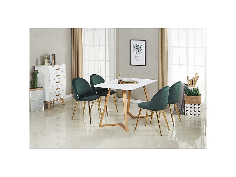 LUCIA DALLAS - Table à Manger Rectangulaire Blanche + 4 Chaises en Velours Vertes - Style Scandinave