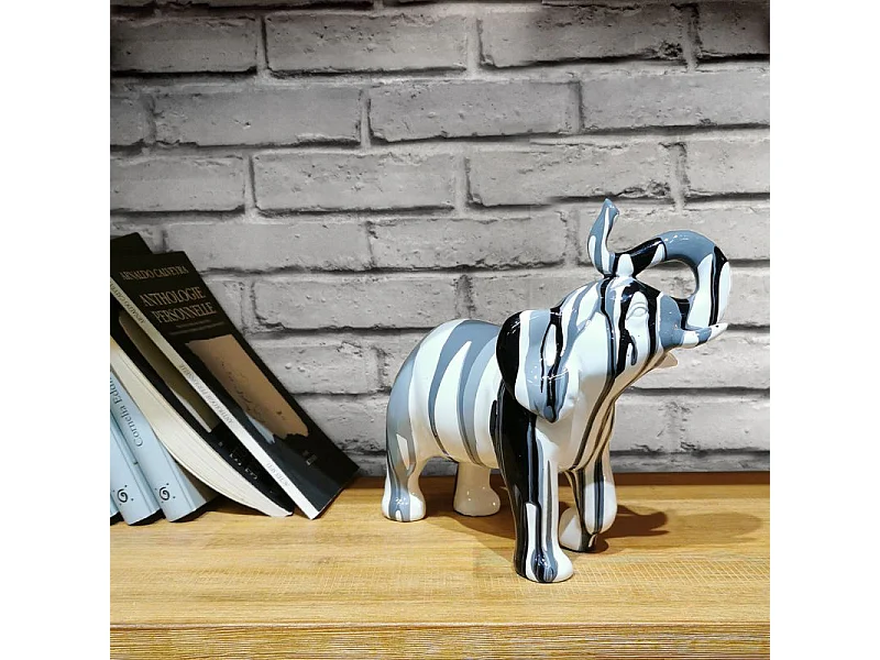 Statue éléphant avec coulures noir gris clair et foncé H20 cm - DUMBO