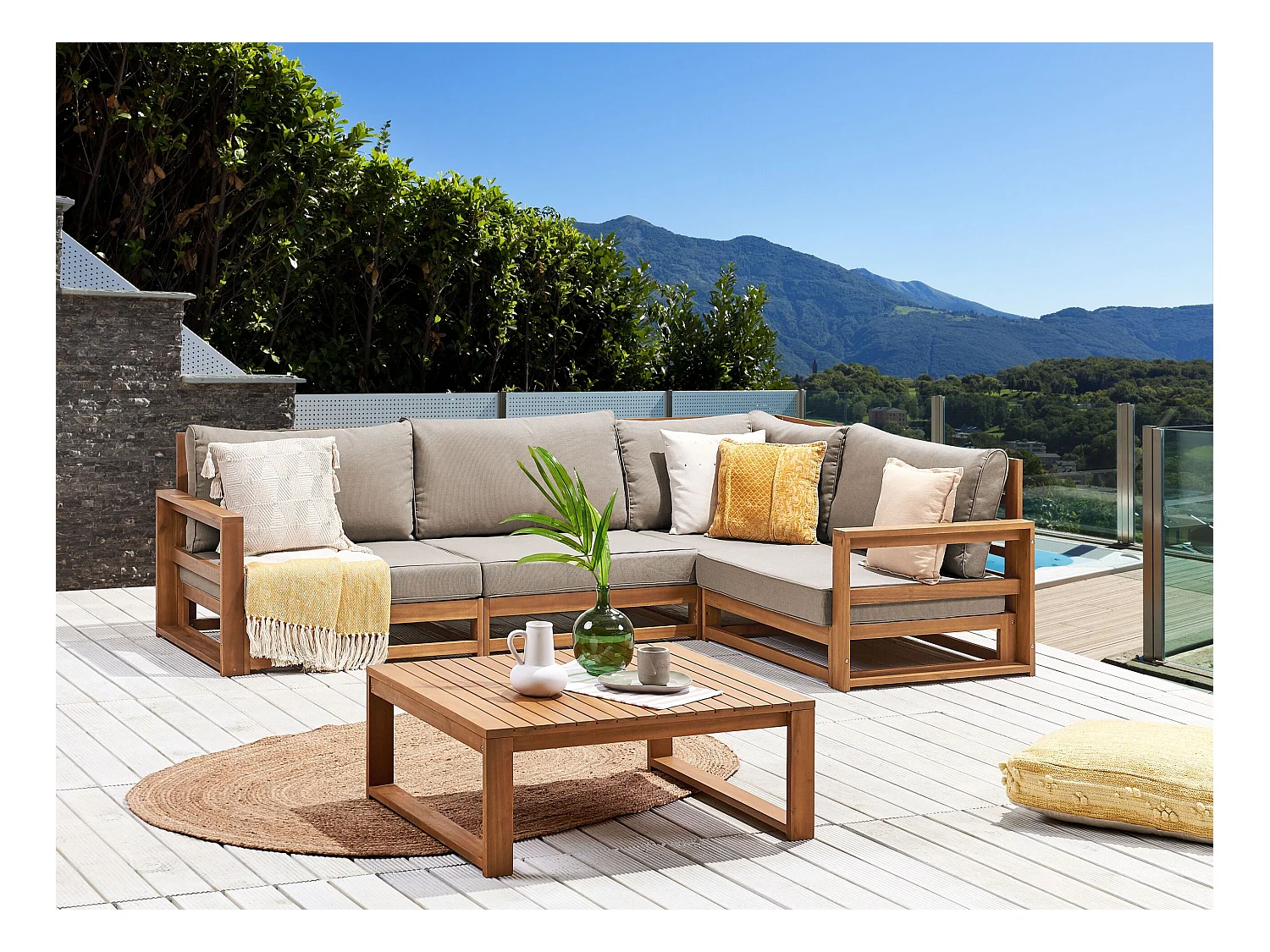 Narożnik ogrodowy ze stolikiem dla 4 osób TIMOR Lewostronny Modułowy Certyfikowane drewno akacjowe Jasnobrązowy