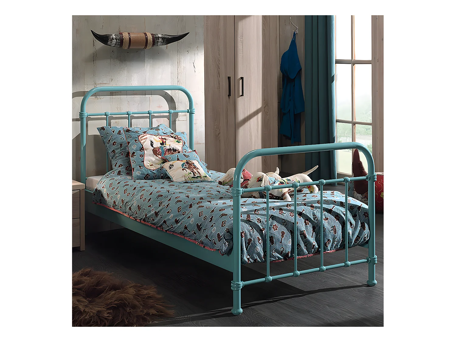 ARTEMIS - Lit à Barreaux 90x200cm en Métal Turquoise