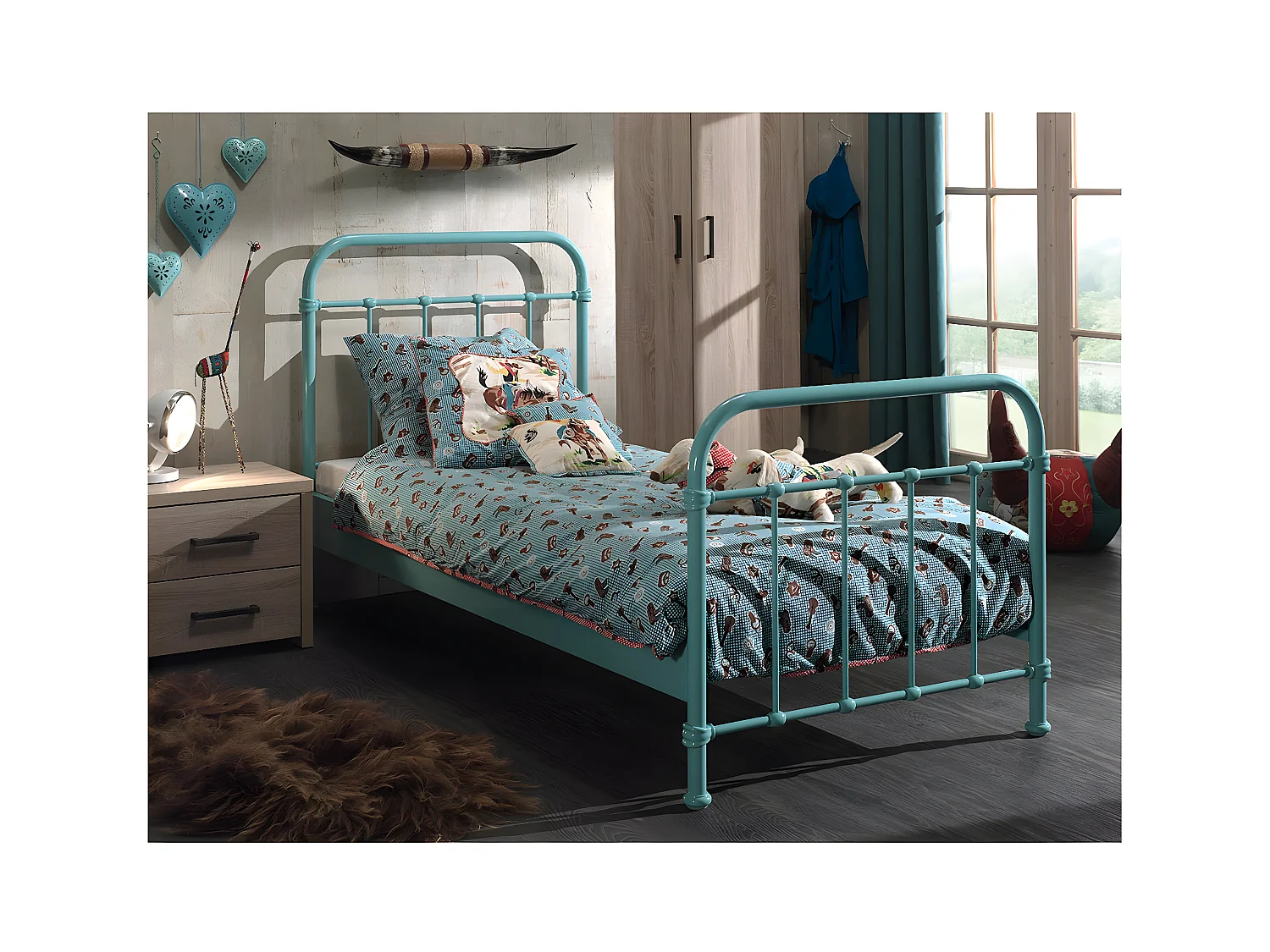 ARTEMIS - Lit à Barreaux 90x200cm en Métal Turquoise