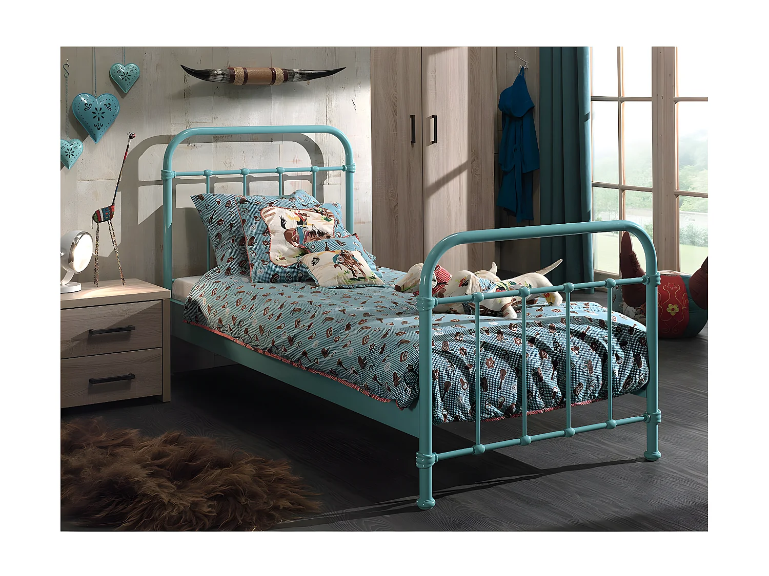 ARTEMIS - Lit à Barreaux 90x200cm en Métal Turquoise