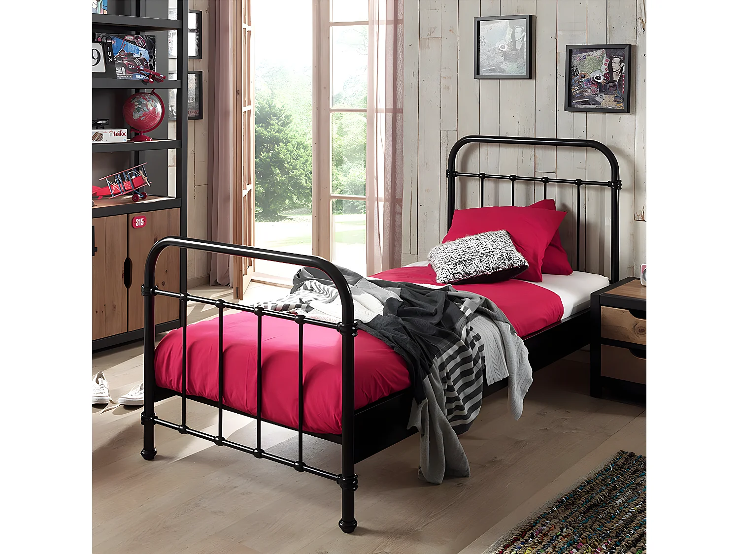 ARTEMIS - Lit à Barreaux 90x200cm en Métal Noir