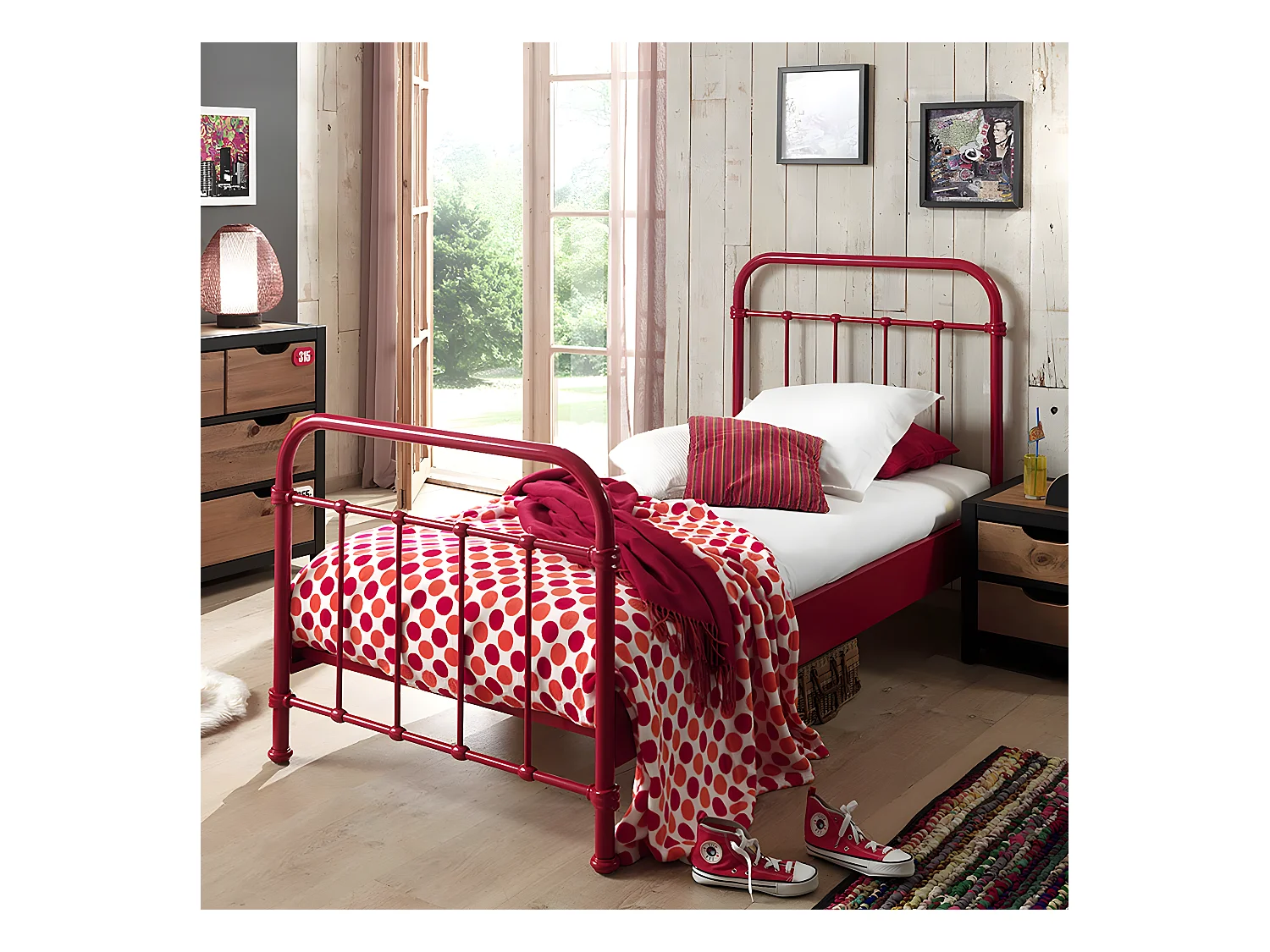 ARTEMIS - Lit à Barreaux 90x200cm en Métal Rouge