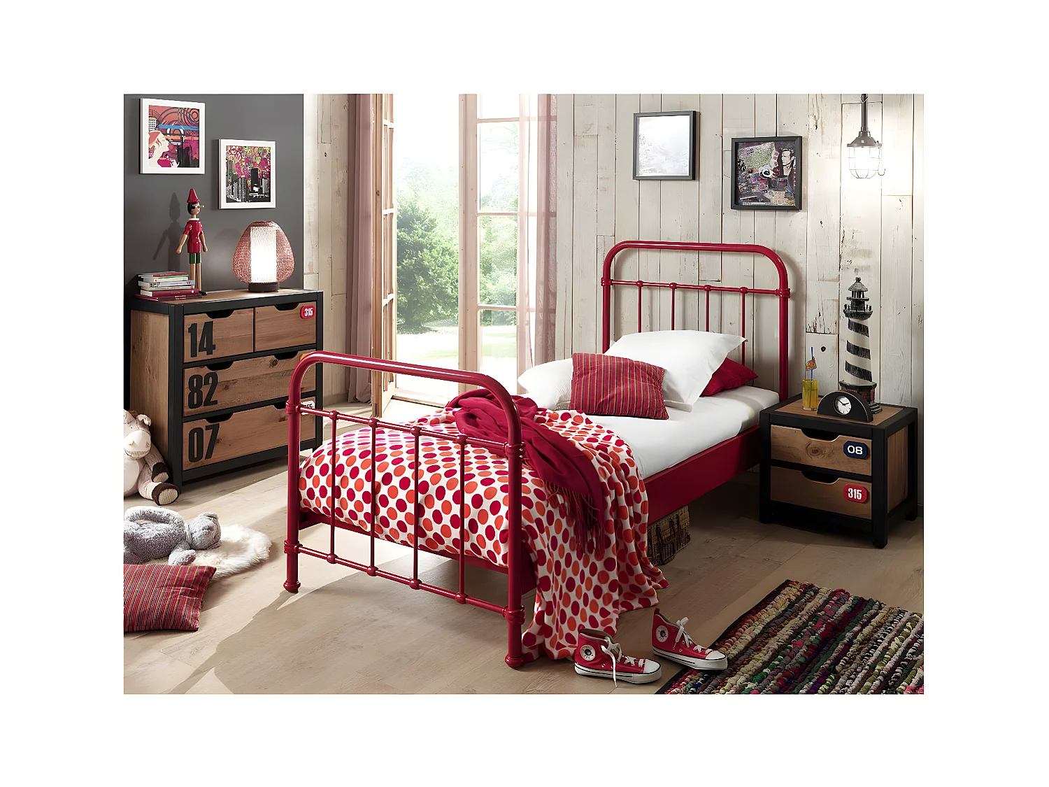 ARTEMIS - Lit à Barreaux 90x200cm en Métal Rouge