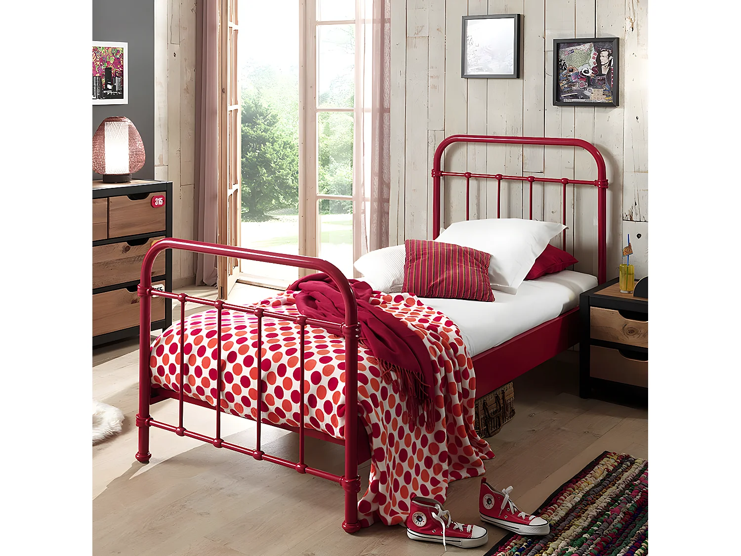 ARTEMIS - Lit à Barreaux 90x200cm en Métal Rouge